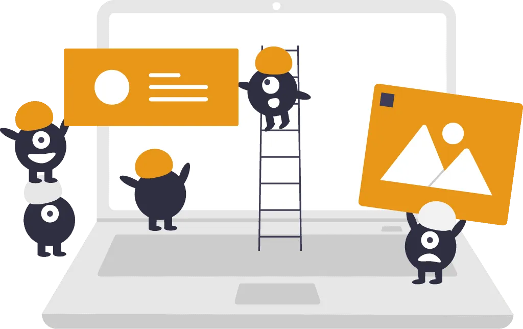 Illustration: kleine Füchse bauen gemeinsam an einer Website auf einem Laptop
